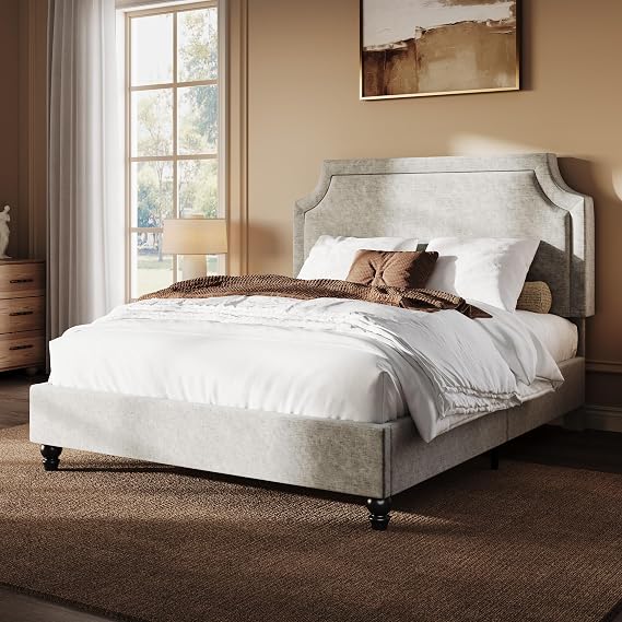 SHA CERLIN Queen Chenille Upholstered Platform Bed Frame, Grey