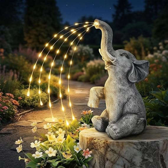 Elephant Statue Garden Ornaments, Watering Elephant Figure with Solar Powered LED Lights, Waterproof Animal Figurine for Courtyard, Patio, Lawn, Yard