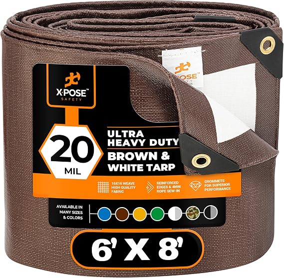 Xpose Safety 6' x 8' Ultra Heavy Duty Tarp - 20 Mil Waterproof Tarps for Camping, Outdoor Adventures & Tent Cover, UV Protection, Reinforced Corners, All-Weather Durability