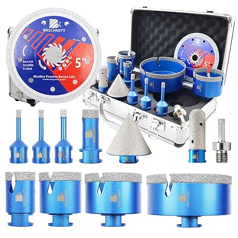 Diamond Core Drill Bit Set - BRSCHNITT Tile Hole Saw Kit 6/6/8/20/35/50/68/110MM & 20MM Finger Bit & 50MM Chamfer Bit M14 Thread for Porcelain Tile Ceramic Marble Granite & 125MM Diamond Blade