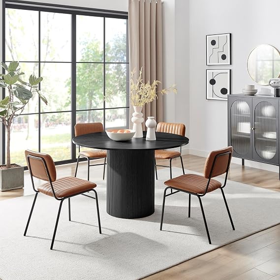 Furniturebox UK Penrose Black Round Dining Table & 4 Tan Delta Chairs