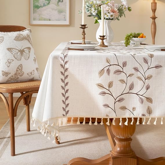 Laolitou Rustic Linen Table Cloths for Rectangle Table Heavyweight Waterproof Leaf Embroidered Tablecloth, Farmhouse Style Wrinkle Free Table Cover with Tassels, Coffee Vine 55106 Inch