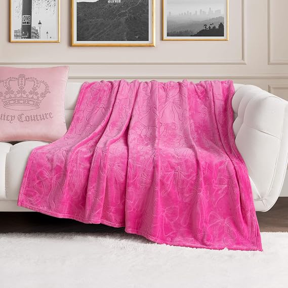 Juicy Couture Embossed Plush 60"x70" Oversized Throw Blanket, Princess Bow Hot Pink