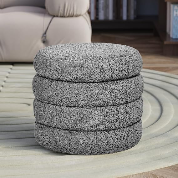 allamazing Storage Ottoman, Round Ottoman with Storage, Vanity Stool Foot Rest with Removable Lid, Round Boucle Upholstered for Living Room Pouf Footstool