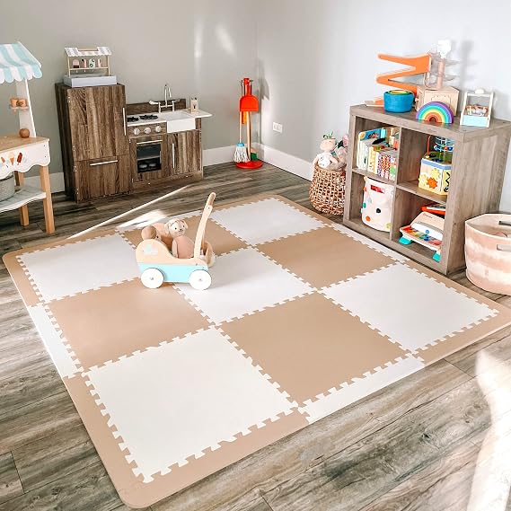 Extra Large Baby Play Mat Tiles Thick Foam Non-Toxic Floor Puzzle Mat Interlocking Activity Playmat for Infants Toddlers Kids Crawling Tummy Time 74x74 Inches (Beige/White)