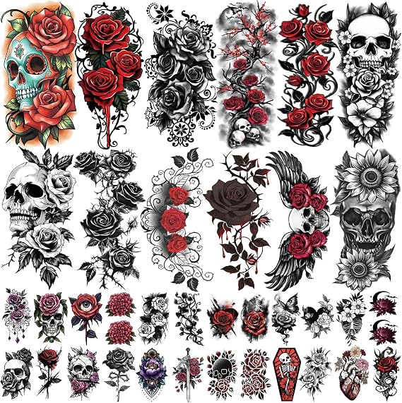 77 Sheets Flowers Skeleton Skull Temporary Tattoo for Women Men, 17 Half Arm Dark Gothic Punk Rocker Butterfly Fake Tattoos, 60 Scary Halloween Cosplay Tiny Adult Kid Body Tattoos Stickers Realistic