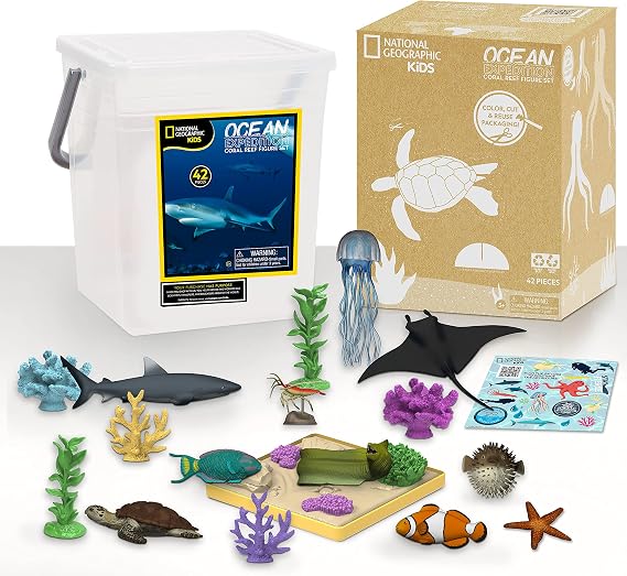 National Geographic Kids Tub of Realistic Sea Animal Toy Figures, Recycled Packaging, Storage Container, Kids Toys for Ages 3 Up