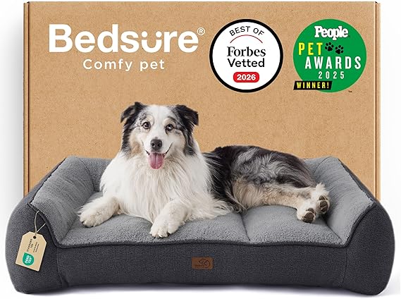 Bedsure XL Orthopedic Dog Beds Large - 106x76cm Extra Thick Supportive Dogs Sofa with Waterproof Washable Cover, Extra Large Pet Bed Sofa with Soft Plush Sherpa and Nonskid Bottom, Dark Grey