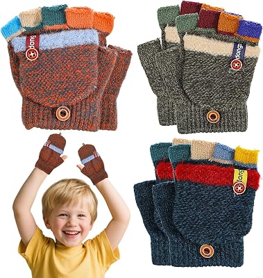 3 Pair Kids Winter Gloves, Stretchy Warm Knit Gloves Toddler Mittens, Warm Knitted Mitten with Cover for Toddler