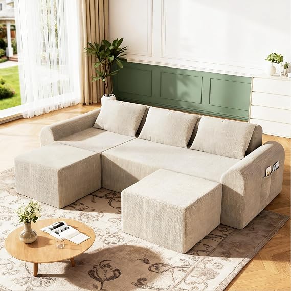 Rengue Cloud Sectional Couch with 3 Pillows & 2 Ottomans, Boneless Couches for Living Room, U Shaped Sectional Sofa Deep Seat Comfy Couch for Small Spaces, No Assembly Required (Beige) 72h to Restore