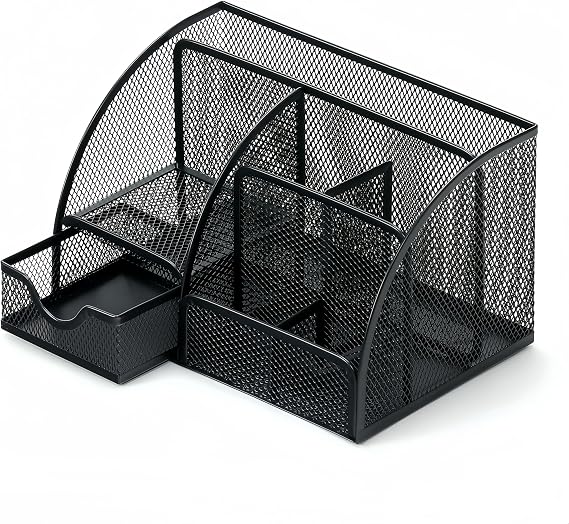Mesh desk organiser, Versatile Stationery Storage Desktop Organiser Pen Holder with Drawer, Stationary Organiser for School Home Office desktop supplies (Black)
