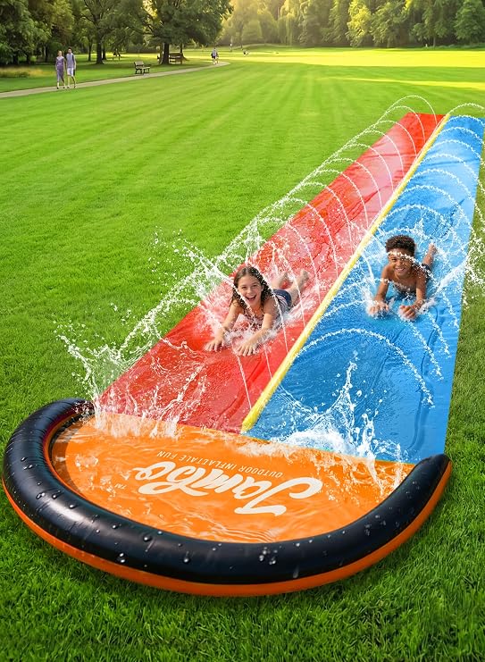 JAMBO Premium 18Ft Budget Slip Splash and Slide, Heavy Duty Water Slide with Advanced Sprinkler System, Backyard Waterslide, Splash Mat, Outdoor Water Toys n Slides for Kids