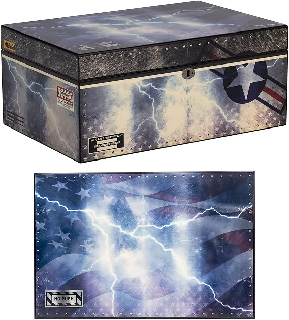 Fighter Jet, Cigar Humidor Honoring Armed Forces, Soldiers and Veterans, Spanish Cedar Tray, 3 Dividers, Glass Hygrometer, Humidifier, Holds up to 100 Cigars