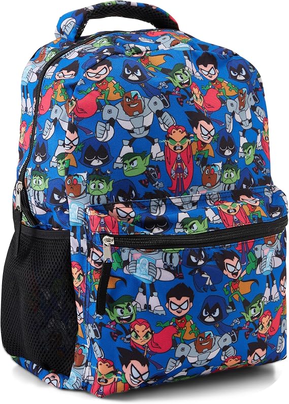 DC Comics Teen Titans Go! Allover Backpack - Beast Boy, Raven, Cybord, Robin and Silkie - Teen Titans Go! School Bookbag (Blue)