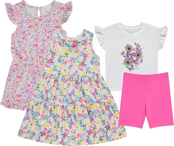 BTween Girls Mix and Match Set 4 Pack Soft Cotton Blend, Shirt. Biker Short, Dress and Romper