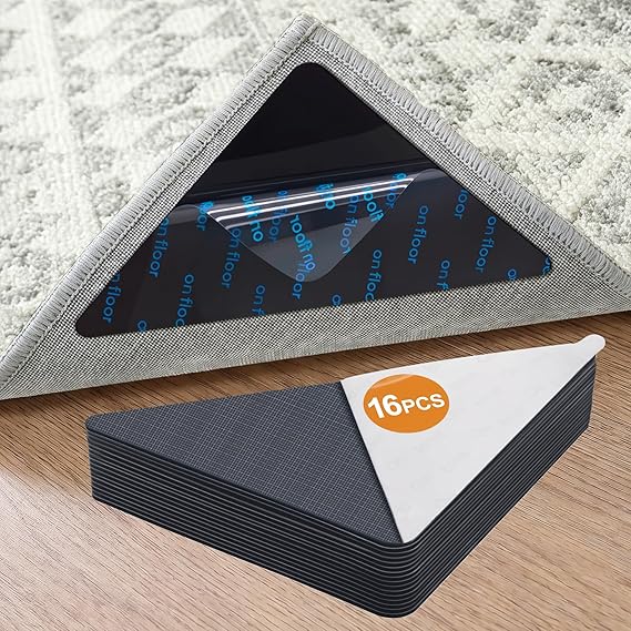 16 Pcs Rug Tape,Anti Slip Rug Pads Grippers for Hardwood Floors and Tiles,No Residue,Reusable Carpet Tape for Area Rugs, Double-Sided Adhesive Rug Stickers