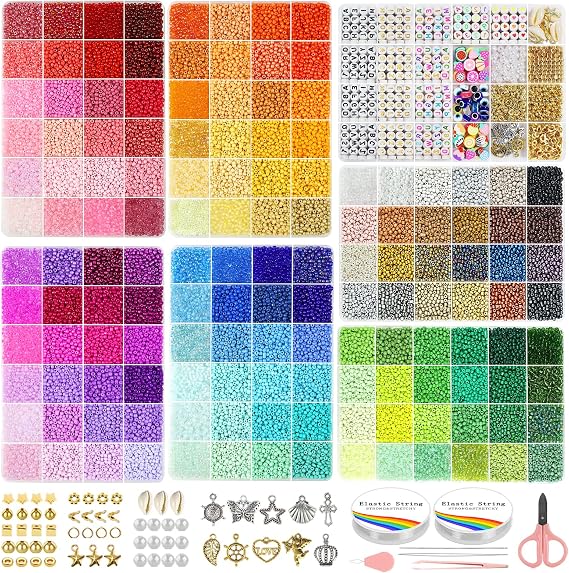 Redtwo 3mm 44500pcs 144 Colors Glass Seed Beads Kit | 7 Boxes Small Beads for Bracelets, Friendship Bracelet Kit with Charms and Letters