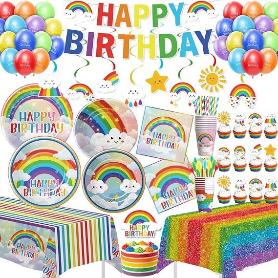 Rainbow Birthday Decorations Supplies, Colorful Striped, Serves 24