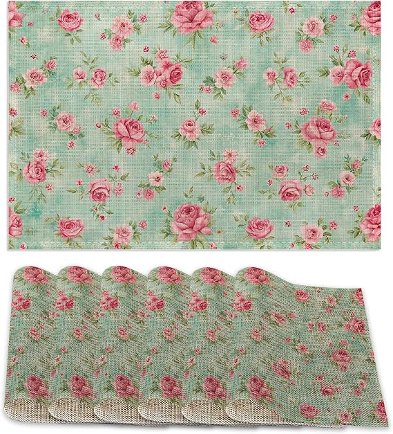 6 Pcs Placemats,Pink Flower Placemat,Vintage Floral Table Mats Washable Recyclable Table Placemats for Indoor Outdoor Heat Resistant Kitchen Dining 12"x18"