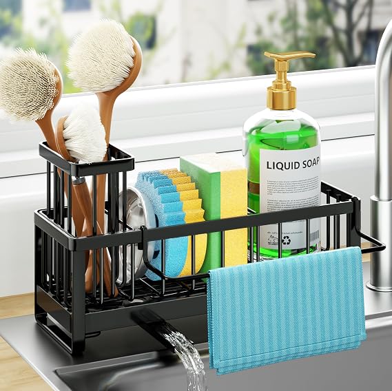 HapiRm Kitchen Sink Caddy Black- Self-draining Sponge Holder with Brush Holder and Dishcloth Holder, Stainless Steel Sink Tidy Organiser for Countertop Kitchen Storage & Organisation