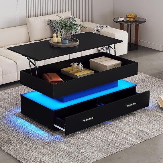 Lift Top Coffee Table with 2 Drawers Storage, Large Coffee Table Tea Table, Centre Table for Living Room Home Office Furniture with Smart APP Control Led Light, 100 * 50 * 44cm (Black)