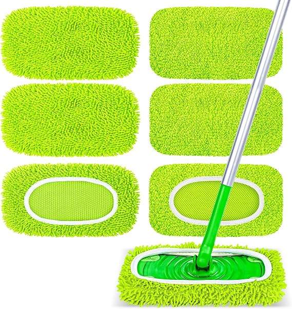 6-Pack Reusable Microfiber Mop Pads Compatible with Swiffer Sweeper, Dry & Wet Sweeping Cloths - Washable Wet Pads Refill for Multi-Surface/Hardwood Floor Cleaning -Fluorescent Green