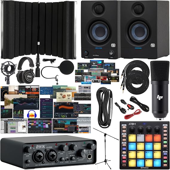 LyxJam 2x2 USB Audio Interface with Asio Driver and NEW Creative Software Bundle with Software Kit, New Designed Eris 3.5 Studio Monitors, ATOM MIDI Pad Controller & Isolation Recording Shield
