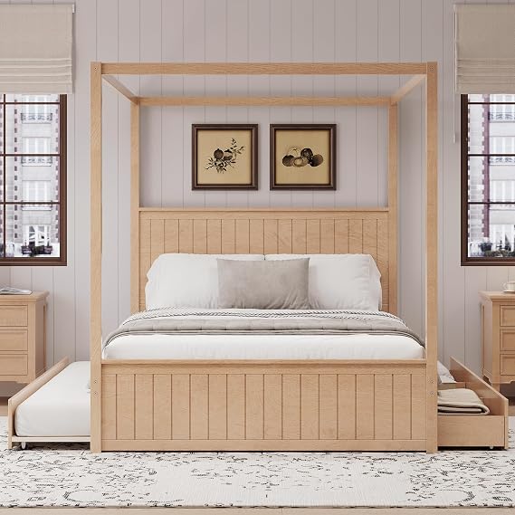 RuiSiSi Canopy Bed Frame Queen Size, Solid Wood Four Poster Canopy Bed Frame with Headboard, Trundle and 3 Drawers, No Box Spring Needed, Natural