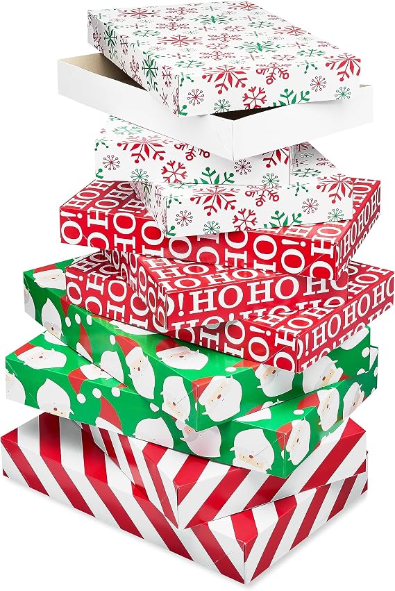 American Greetings Christmas Gift Boxes with Lids for Presents, Festive Designs, Assorted Sizes (6 Medium Shirt and 4 Large Robe Boxes) for Winter Holidays, Christmas in July, or Any Occasion