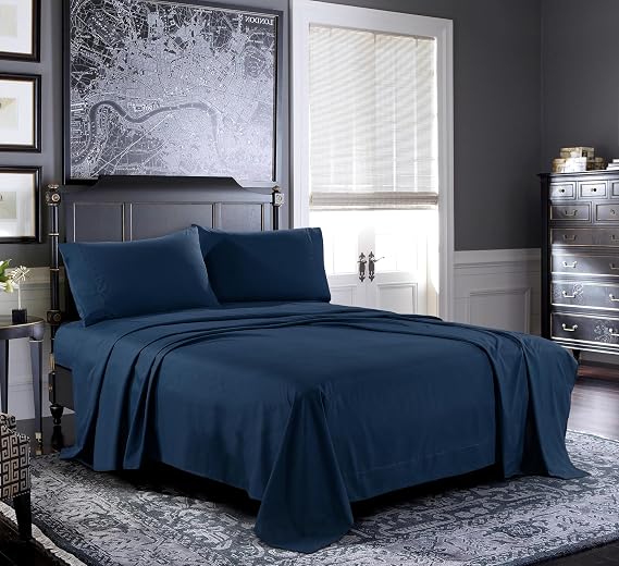 Pure Bedding Bed Sheets - Queen Sheet Set [4-Piece, Navy] - Hotel Luxury 1800 Brushed Microfiber - Soft and Breathable - Deep Pocket Fitted Sheet, Flat Sheet, Pillow Cases