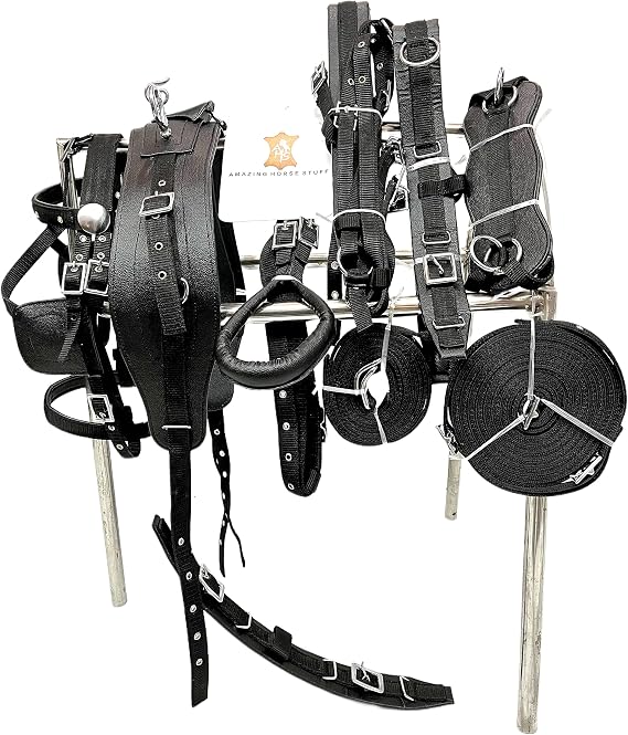 Horse Nylon Driving Harness Set for Single Cart with Saddle Girth Traces Breast Pad Breeching Lion Strap Reins Browband Headpiece Crupper Adjustable Nylon Carriage(Cob, Black)