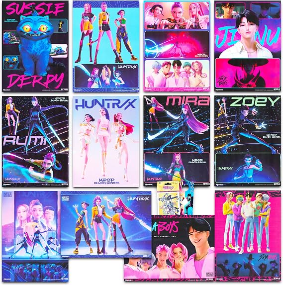 KPop Demon Hunters Posters for Room Decor - 12 Pc Bundle for Kids Adults | 8.5" x 11" Saja Boys, Huntrix Wall Art Posters Set Plus Extras - KPop Demon Hunters Decorations for Bedroom, Party Decor