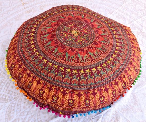 Floral Camel Peacock Mandala Floor Cushion, Decorative Throw Pillowcase 32", Indian Pouf, Boho Ottoman, Pom Pom Outdoor Cushions, Pillow Sham, Pet Dog Cat Bed Without Filler Insert