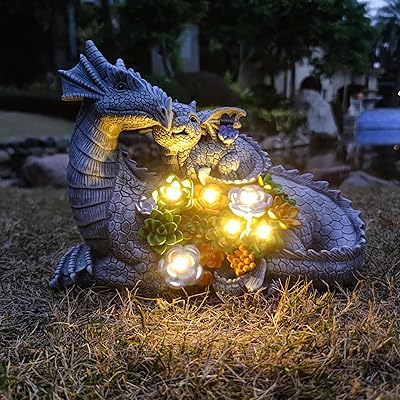 Dragon Solar Garden Statues Outdoor Decoration with Succulent and 6 LED Lights,Dragon Figurine Solar Lights Lawn Decor,Outside Statue Ornament for Patio, Balcony, Yard,Unique Gift for Mom