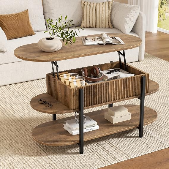 FABATO 41.7" Fluted Oval Lift Top Coffee Table Hidden Storage, Vintage Oak