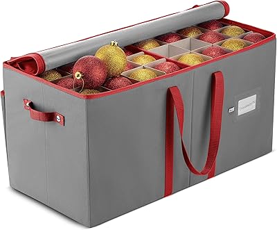 ZOBER Large Christmas Ornament Storage Box - Stores 128 3 Ornaments, With Dividers - Ornament Organizer Storage Box, Durable Christmas Containers Holder - Extra Pockets, Dual Zipper - Gray