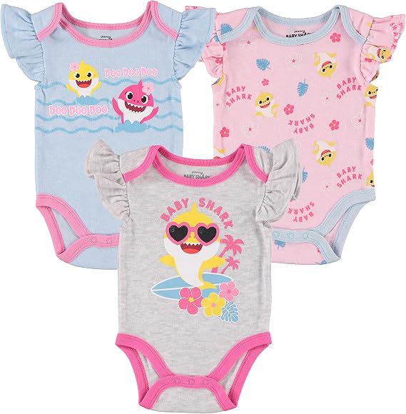 Baby Shark Baby Girls Bodysuit Three Pack | Baby Bodysuit Multipack - Newborn Girl Clothes