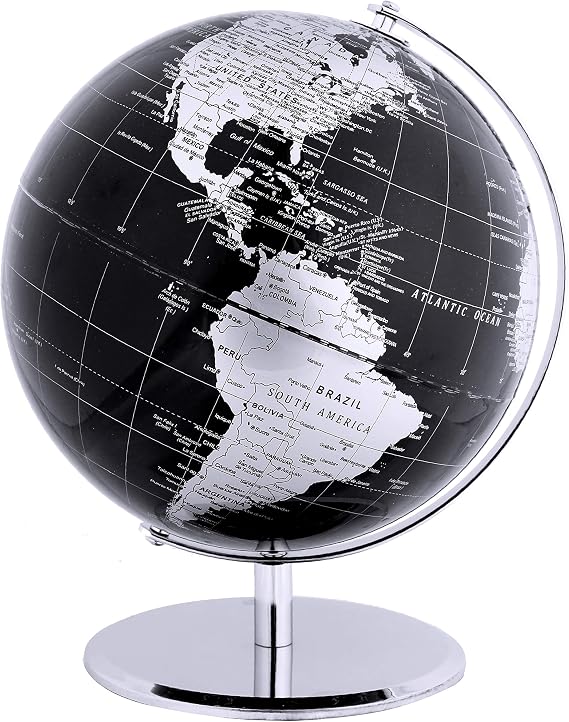 20cm World Globe, Metallic Black Map with Stainless Steel Base