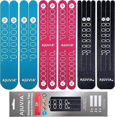 AJUVIA Synthetic Kinesiology Tape, Lasts up to 14 Days, Hypoallergenic Precut K Tape Elastic Bandages for Muscle Pain Relief and Joint Support - 10 x 2 1 Envelope, 3 Colors, 6 Pieces