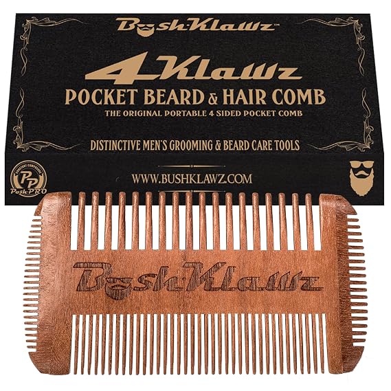 4Klawz Beard Comb - Pocket Comb for Men's Hair Beard Mustache and Sideburns with 4 Sides of Wide & Fine Teeth - Best Bearded Man Grooming Gift Special