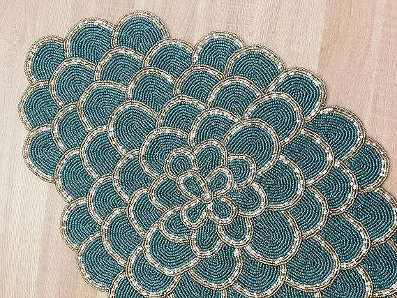 Enliven Handmade XL placemat, Beaded Table Runner, Teal Gold, 15x24 inch