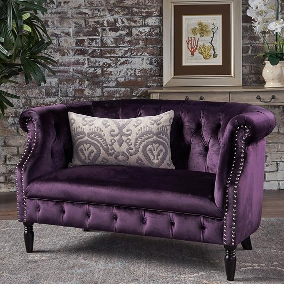 Christopher Knight Home GDFStudio Melaina Tufted Chesterfield Velvet Loveseat with Scrolled Arms, BlackBerry and Dark Brown